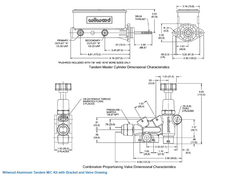 Wilwood 261-13269-BK -Aluminum Tandem 1" Bore M/C Kit w/ Bracket and Valve-Black gallery