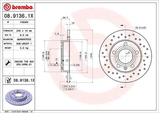 Brembo 08.9136.1X Brake Disc for Audi, Seat