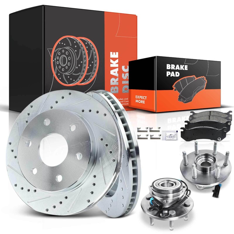 Front Drilled Rotor & Ceramic Brake Pads + Hub Bearing for Chevrolet GMC 03-05