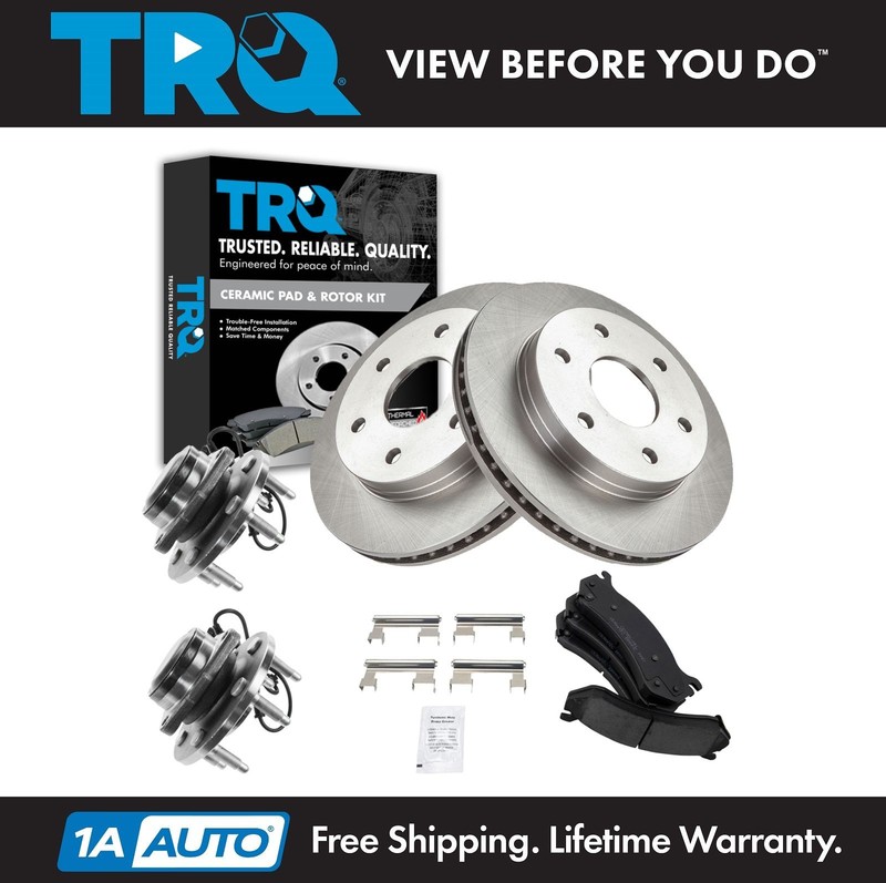 TRQ Front Ceramic Disc Brake Pad Rotor & Hub Kit w/Chemicals