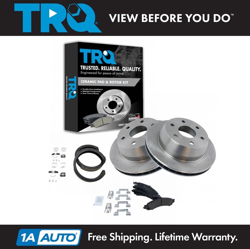 TRQ Rear Brake Rotor & Premium Posi Ceramic Pads with Parking Shoes for GM Truck