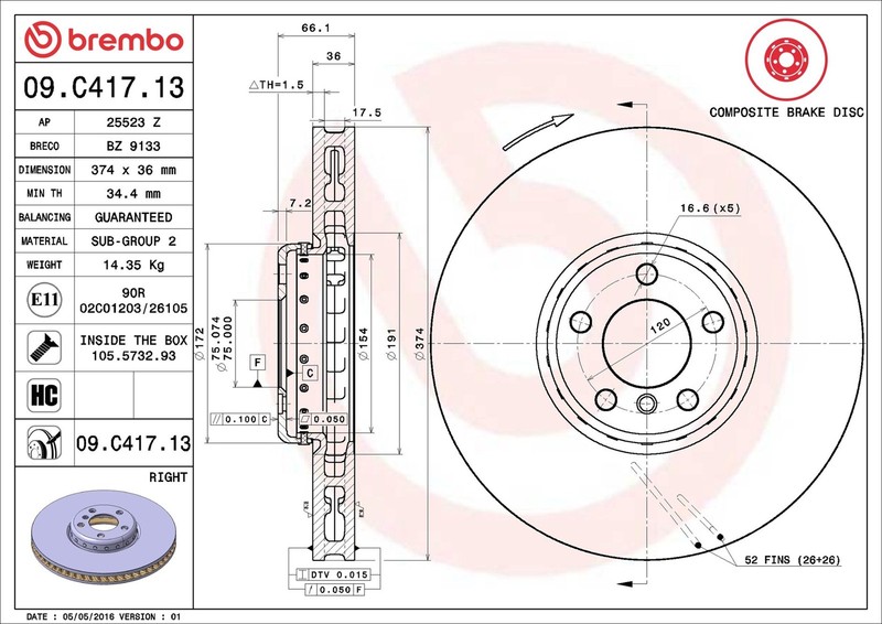 Brake Disc Single Vented fits BMW 550 F07 4.4 Front Right 09 to 17 374mm Brembo gallery