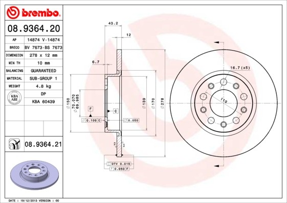 Brembo 08.9364.21 Brake Disc for Alfa Romeo, Fiat, Jeep, Jeep (GAC FCA)