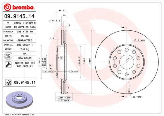 Brembo 09.9145.11 Brake Disc for Audi,Audi (FAW),Cupra,Seat,Skoda,Skoda (SVW),VW gallery
