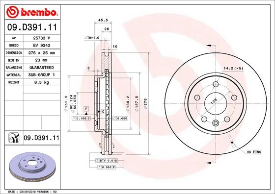 Brembo 09.D391.11 Brake Disc for Buick (SGM), Chevrolet, Opel, Vauxhall