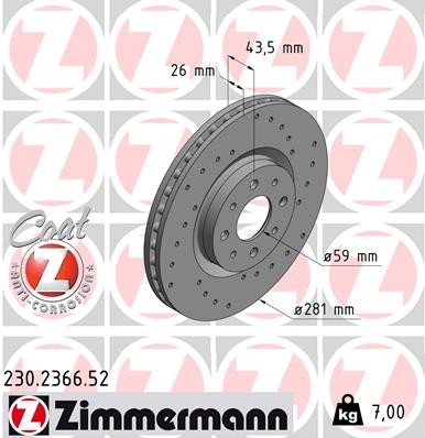 Zimmermann 230.2366.52 Brake Disc for Alfa Romeo, Fiat, Lancia