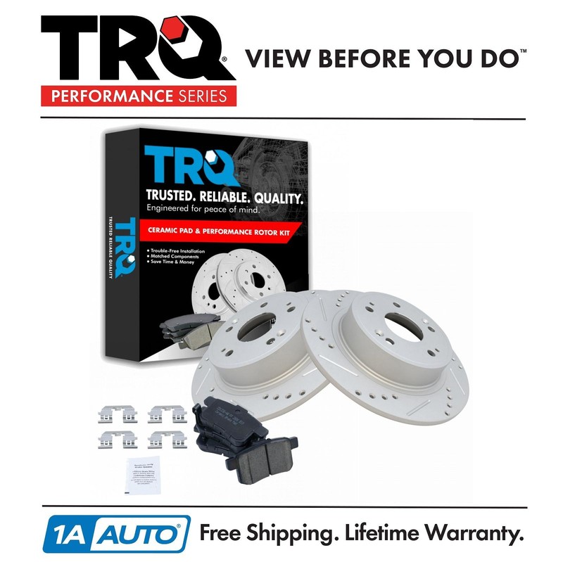 TRQ Rear Ceramic Brake Pad Performance Drilled Slotted G-Coated Rotors
