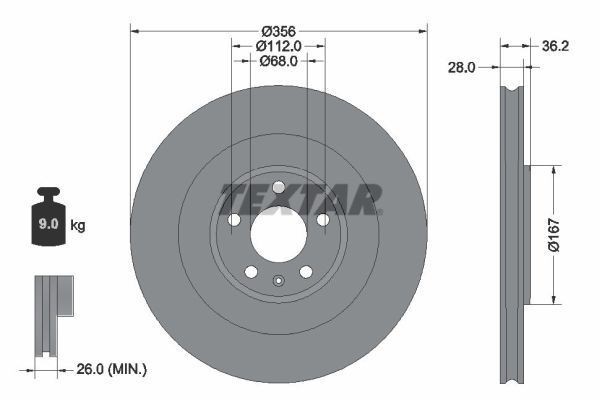 2X Textar 92341205 Coated Rear Brake Discs 356mm Vented Fits Porsche Macan