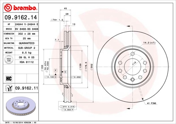 Brembo 09.9162.11 Brake Disc for, Cadillac, Chevrolet, Opel, Saab, Vauxhall
