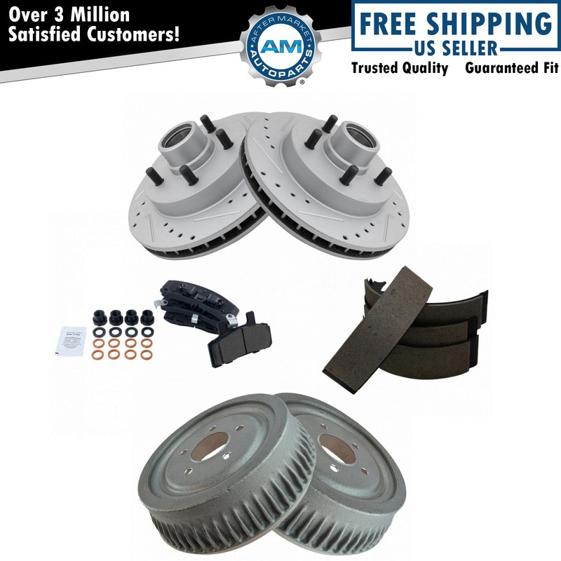 Front Performance Brake Rotor Pad Rear Drum Shoe Kit w/Chemicals