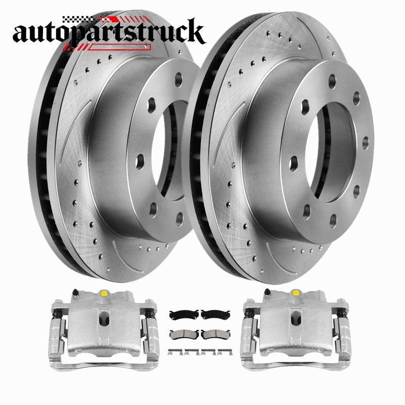 Rear Drilled Brake Rotor & Pads + Caliper for Chevrolet Silverado 2500 HD GMC