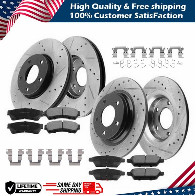Front Rear Drilled Rotors + Brake Pads for 2014 – 2015 2016 2017 Nissan Rogue