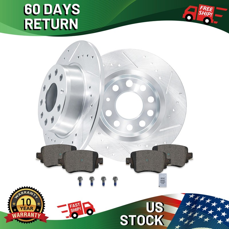10.70″ REAR Drilled Brake Rotors Ceramic Pads Kit for Volkswagen GTI Golf Passat