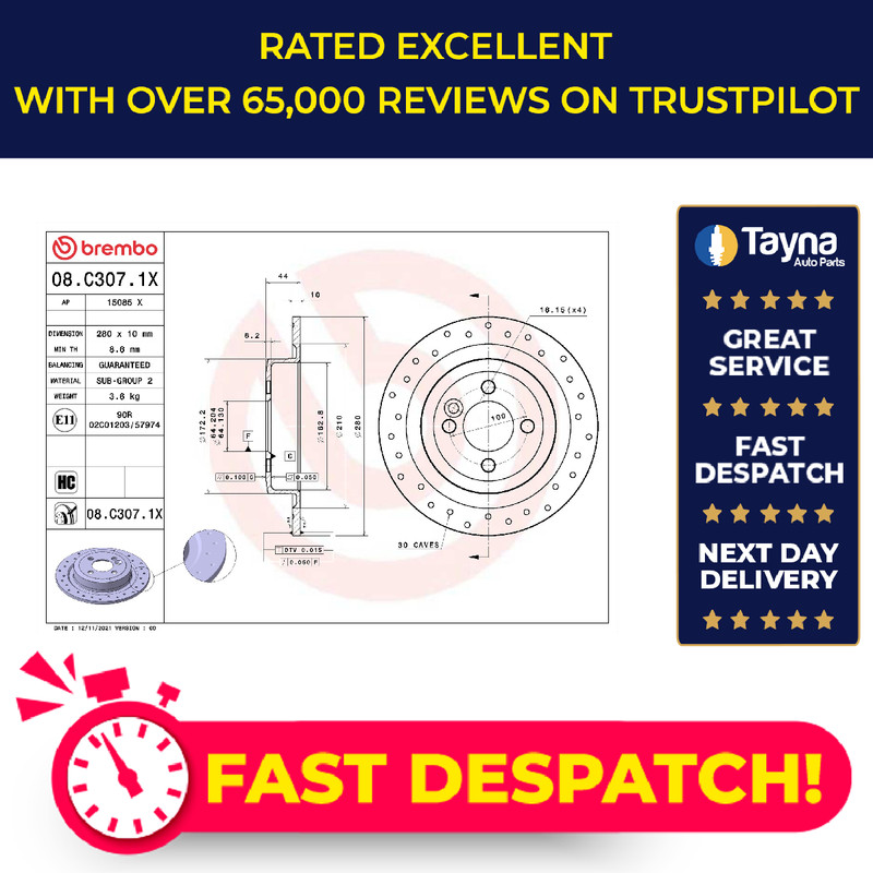 2x Brake Discs Pair fits MINI CONVERTIBLE COOPER R57 1.6 Rear 07 to 15 280mm Set