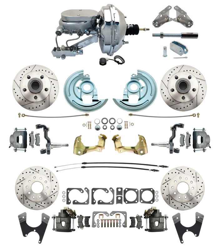 1964-1972 Chevelle 9″ Chrome Flat Top Front Rear Disc Brake Kit Drilled Slotted