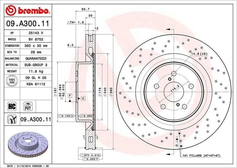 Brembo Set of 2 Front Cross Drilled Coated PVT Rotors for Lexus IS-F 09.A300.11 gallery