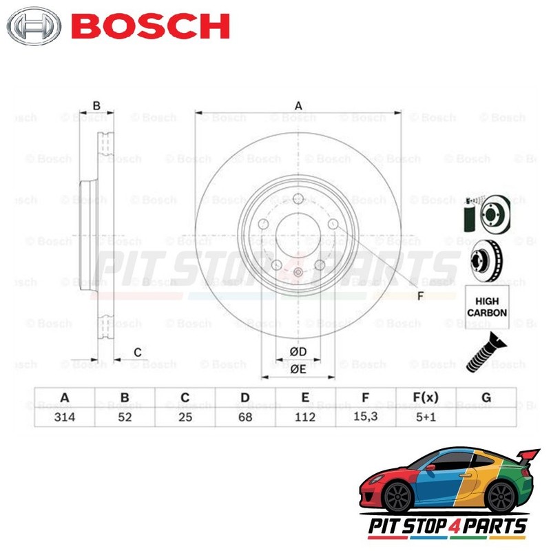 Bosch 0986479467 Brake Disc Single 52 mm Fits Audi A5 2009-2011 8W61531T