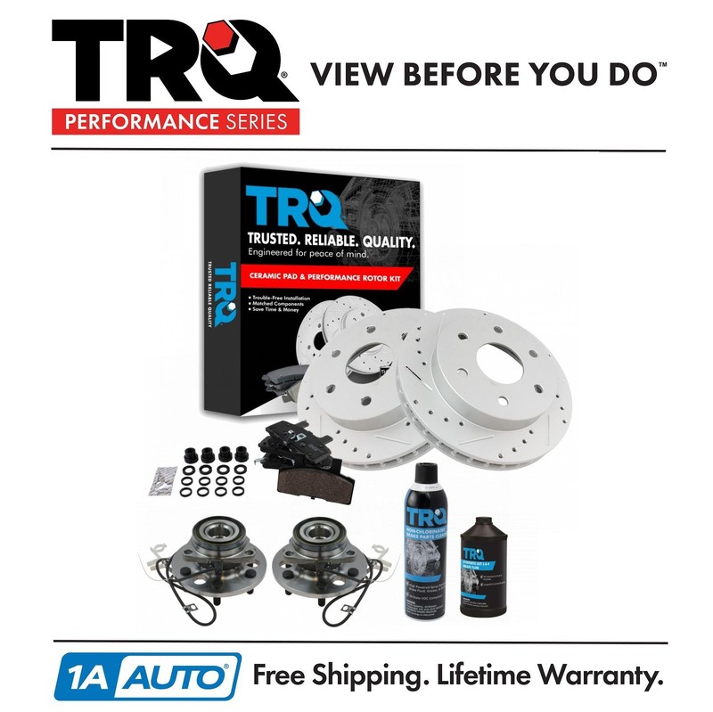 TRQ Performance Brake Rotor Ceramic Pad & Hub Bearing Front Kit w/Chemicals