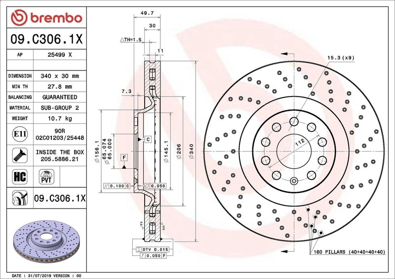 1X Brake Disc Brembo 9.C306.1X for Audi Q3 (F3B) 2 2018-2021