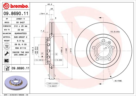 Brembo 09.8690.11 Brake Disc for Audi, Audi (FAW), Seat, Skoda, VW, VW (SVW), Zhonghua