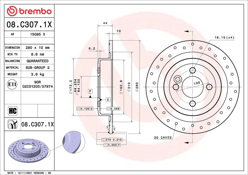 2x Brake Discs Pair fits MINI COOPER R56 1.6D Rear 06 to 13 280mm Set Brembo New gallery